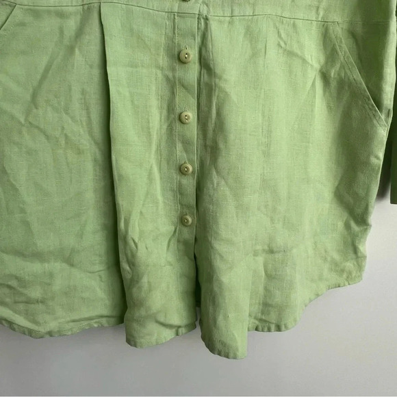 Flax 100% Linen Dress Small Green Button Down Pockets Long Sleeve Tunic Pleated - Picture 9 of 13